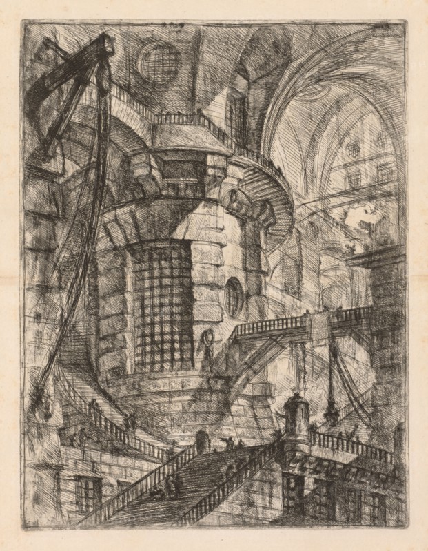 The Prisons:  A Vaulted Building with a Central Column with Barred Window, 1745-1750. Giovanni Battista Piranesi (Italian, 1720-1778). Etching
