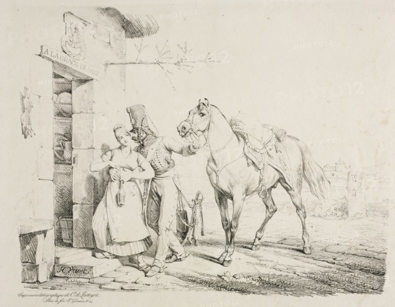 A Hussar Embracing a Servant. Horace Vernet (French, 1789-1863). Lithograph