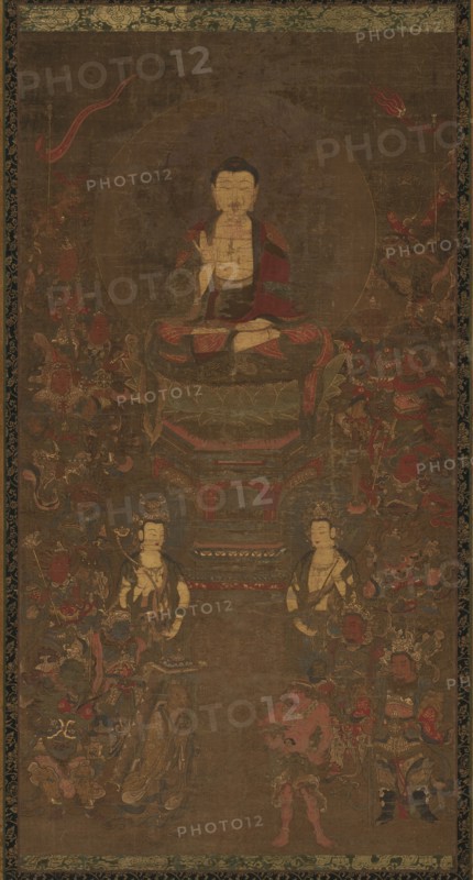 Amida Triad, 1500s. Japan, Muromachi period (1392-1573). Hanging scroll mounted as a panel, colors on silk; overall: 109.5 x 58.4 cm (43 1/8 x 23 in.).