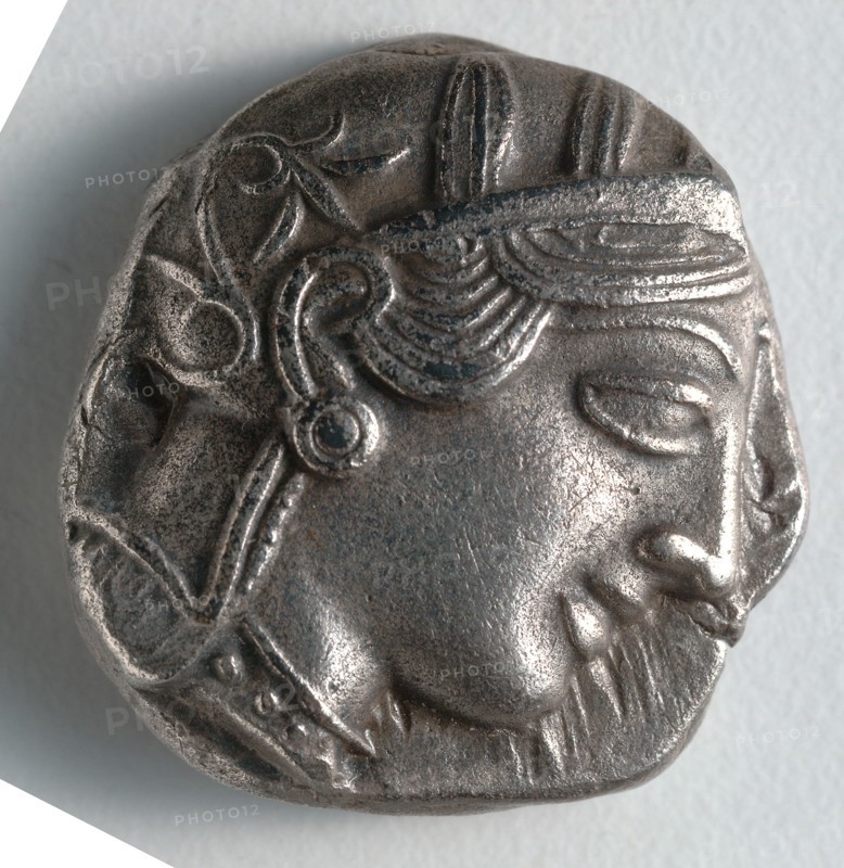 Tetradrachm:  Head of Athena (obverse), 500-430 BC. Greece, Athens, 5th century BC. Silver; diameter: 2.4 cm (15/16 in.).