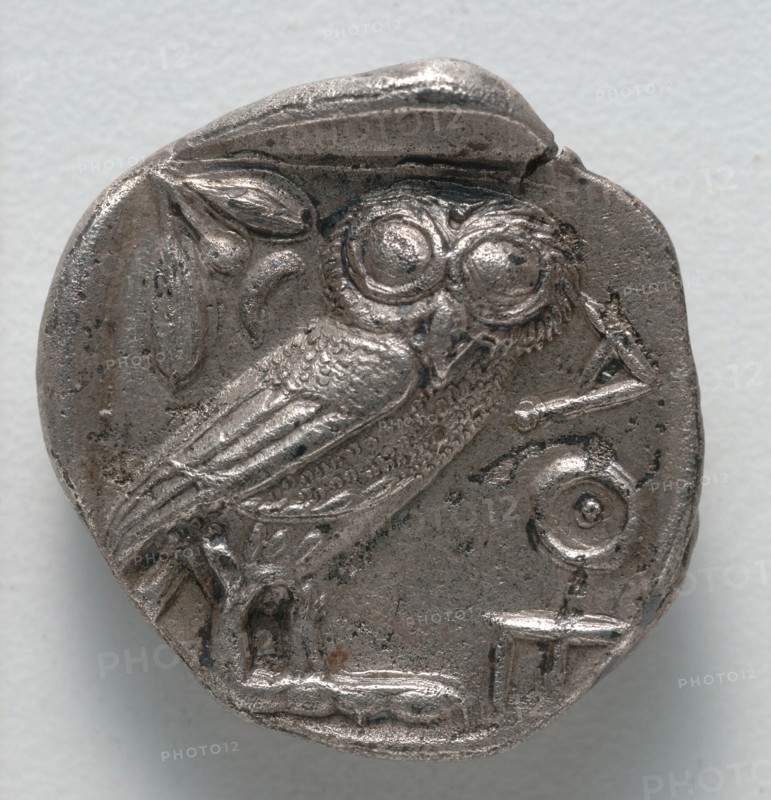 Tetradrachm:  Owl (reverse), 500-430 BC. Greece, Athens, 5th century BC. Silver; diameter: 2.4 cm (15/16 in.).