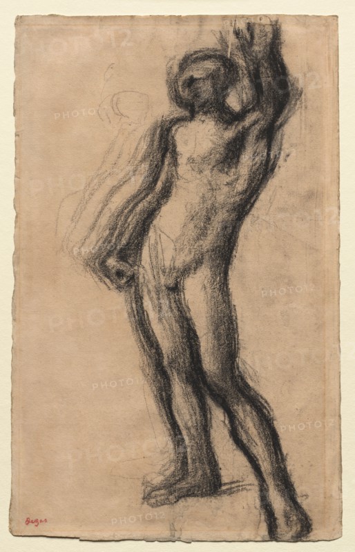 Nude Man Standing, with Left Hand Raised, c. 1900. Edgar Degas (French, 1834-1917). Charcoal; sheet: 44.9 x 28.5 cm (17 11/16 x 11 1/4 in.).