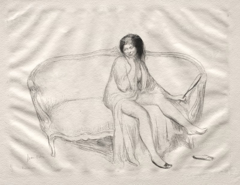 Nude Woman Seated on a Sofa. Jean Veber (French, 1868-aft 1907). Lithograph, hand colored