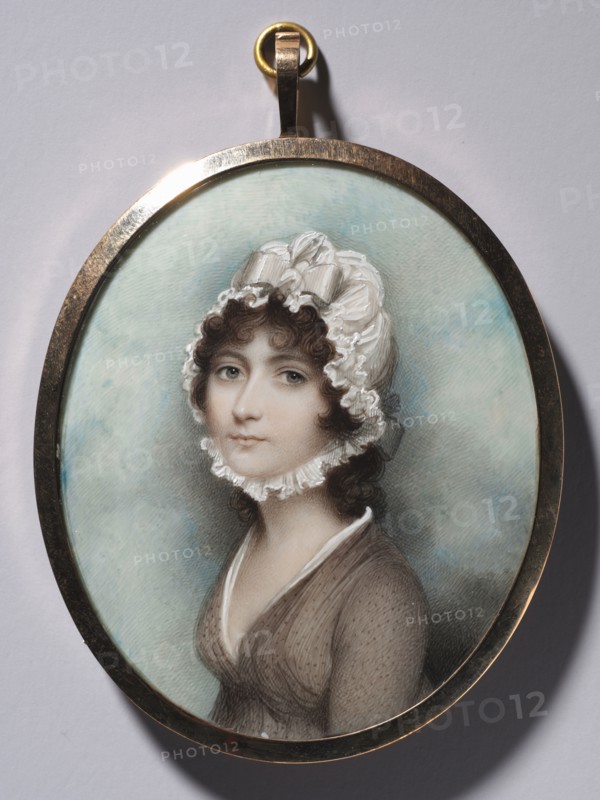 Portrait of a Woman , late 1790s. Andrew Plimer (British, 1763-1837). Watercolor on ivory in a gold frame with glazed reverse; framed: 8.5 x 7.2 cm (3 3/8 x 2 13/16 in.); sight: 8 x 6.5 cm (3 1/8 x 2 9/16 in.).