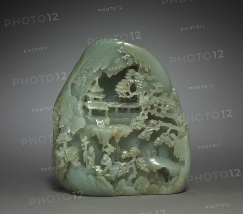 Miniature Mountain with Daoist Paradise, 1736-1795. China, Qing dynasty (1644-1911), Qianlong reign (1736-1795). Green jade with brown markings; overall: 17.5 cm (6 7/8 in.).