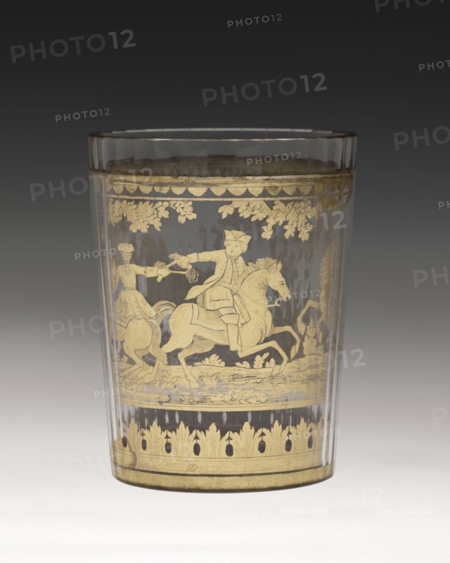 Tumbler, c. 1730. Bohemia, 18th century. Zwischengoldglas (glass); diameter: 9 x 7.7 cm (3 9/16 x 3 1/16 in.).