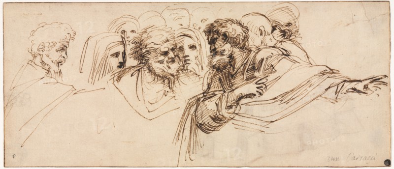 Study of Heads (recto), 2nd half 1500s. Agostino Carracci (Italian, 1557-1602). Pen and brown ink; framing lines in brown ink; sheet: 13.1 x 30.9 cm (5 3/16 x 12 3/16 in.).
