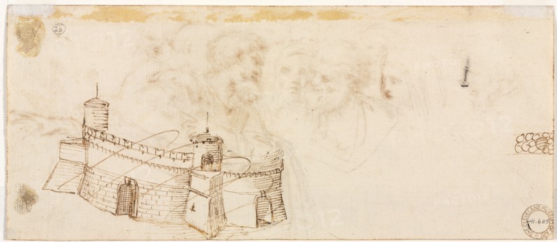 Crenelated Fortress (verso), 2nd half 1500s. Agostino Carracci (Italian, 1557-1602). Pen and brown ink; sheet: 13.1 x 30.9 cm (5 3/16 x 12 3/16 in.).