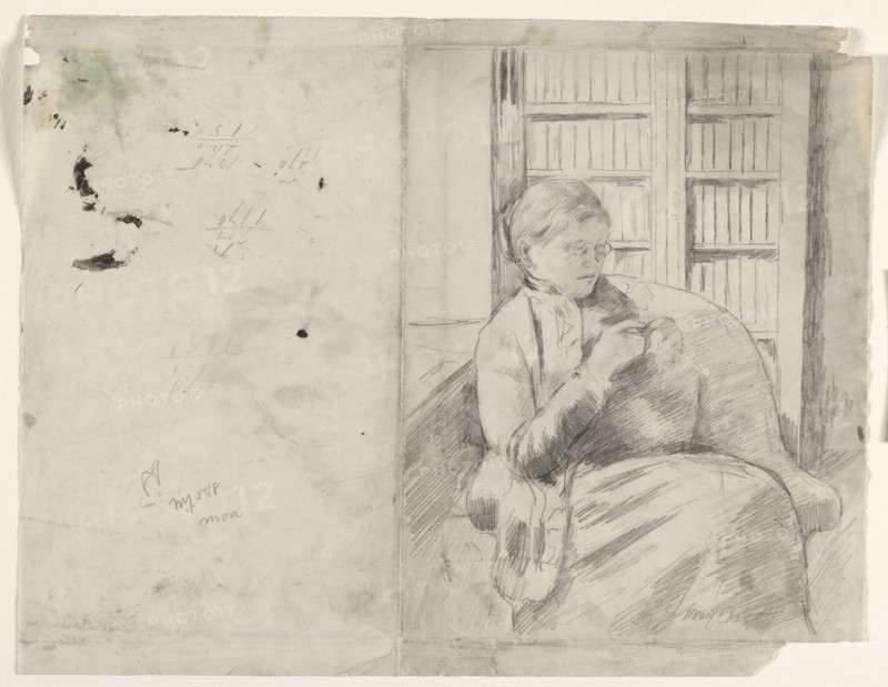 Knitting in the Library (recto), c. 1881. Mary Cassatt (American, 1844-1926). Graphite; sheet: 31.3 x 40.1 cm (12 5/16 x 15 13/16 in.); image: 28 x 22 cm (11 x 8 11/16 in.).
