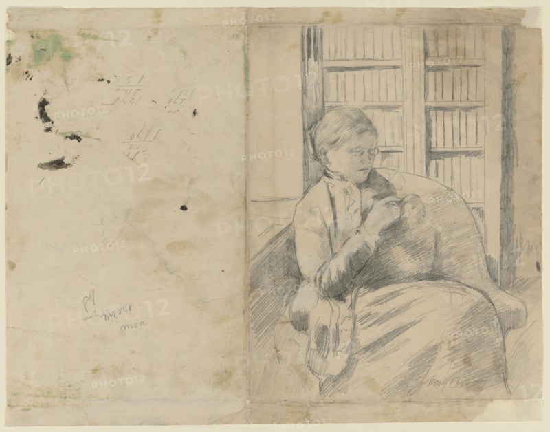 Knitting in the Library (recto); Knitting in the Library (verso), c. 1881. Mary Cassatt (American, 1844-1926). Graphite; sheet: 31.3 x 40.1 cm (12 5/16 x 15 13/16 in.); image: 28 x 22 cm (11 x 8 11/16 in.).