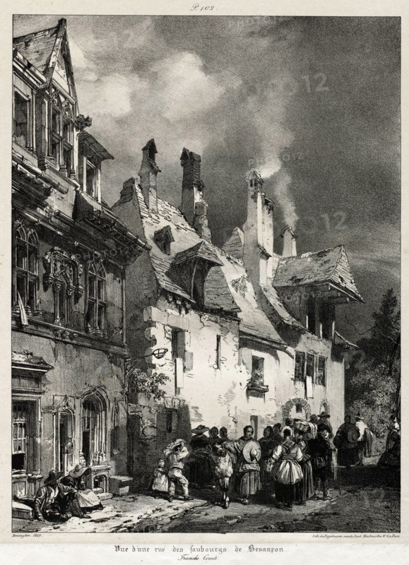Voyages pittoresques et romantiques dans l'ancienne France,  Franche-Comté:  Vue d'une rue des faubourgs de Besançon, 1825. Richard Parkes Bonington (British, 1802-1828). Lithograph