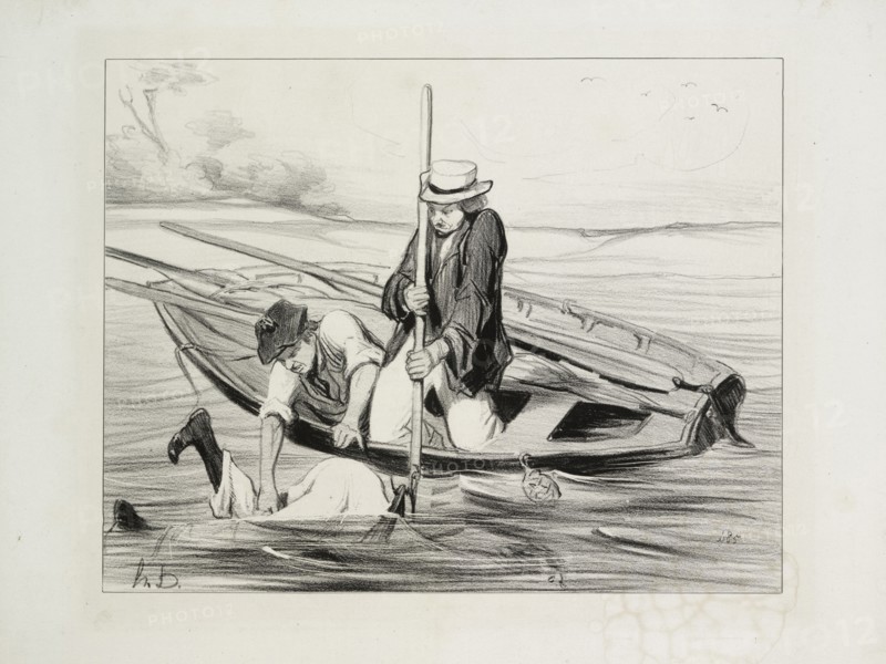 published in Le Charivari (no du 11 juin 1843): Parisian Boatmen, plate 14: Man Overboard, 1843. Honoré Daumier (French, 1808-1879), Aubert. Lithograph; sheet: 27.6 x 36 cm (10 7/8 x 14 3/16 in.); image: 20.6 x 26.2 cm (8 1/8 x 10 5/16 in.).
