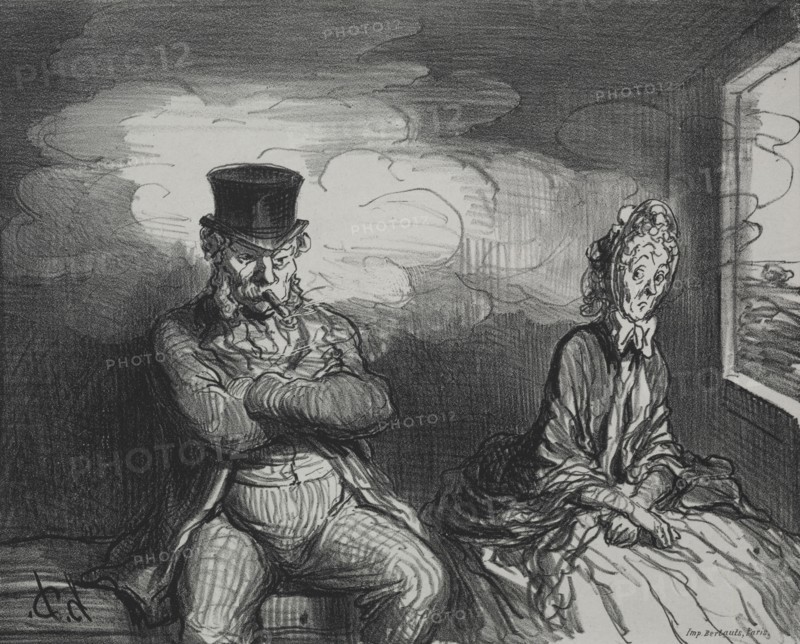 Published in le Boulevard (21 September 1862): On the Train:  A Pleasant Companion, 1862. Honoré Daumier (French, 1808-1879), Bertauts. Lithograph; sheet: 31.2 x 44.1 cm (12 5/16 x 17 3/8 in.); image: 19.6 x 24.3 cm (7 11/16 x 9 9/16 in.)