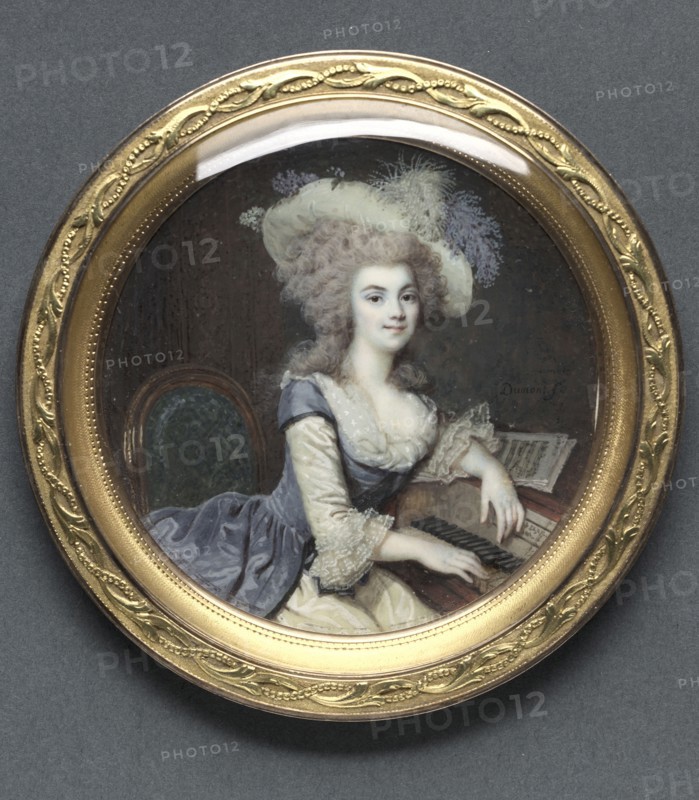 Portrait of a Woman at a Harpsichord, c. 1788. François Dumont (French, 1751-1831). Watercolor on ivory in a 19th-century stamped gold and gilt metal frame; diameter: 7.3 cm (2 7/8 in.); diameter of frame: 9.3 cm (3 11/16 in.).