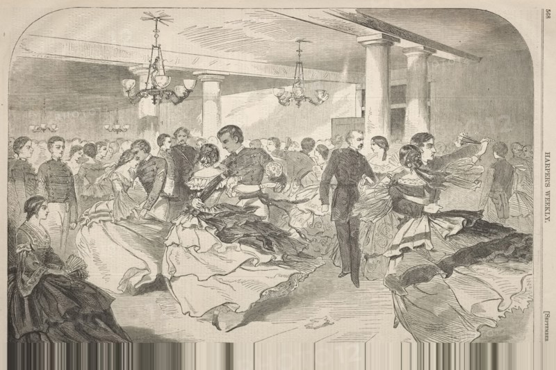 A Cadet Hop at West Point, 1859. Winslow Homer (American, 1836-1910). Wood engraving