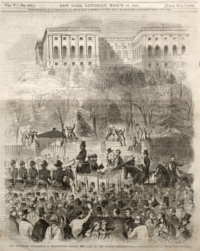 The Inaugural Procession at Washington Passing the Gate of the Capital Grounds, 1861. Winslow Homer (American, 1836-1910). Wood engraving