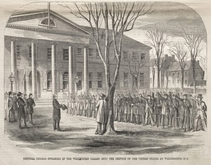 General Thomas Swearing in the Volunteers Called into the Service of the United States at Washington,  D.C., 1861. Winslow Homer (American, 1836-1910). Wood engraving
