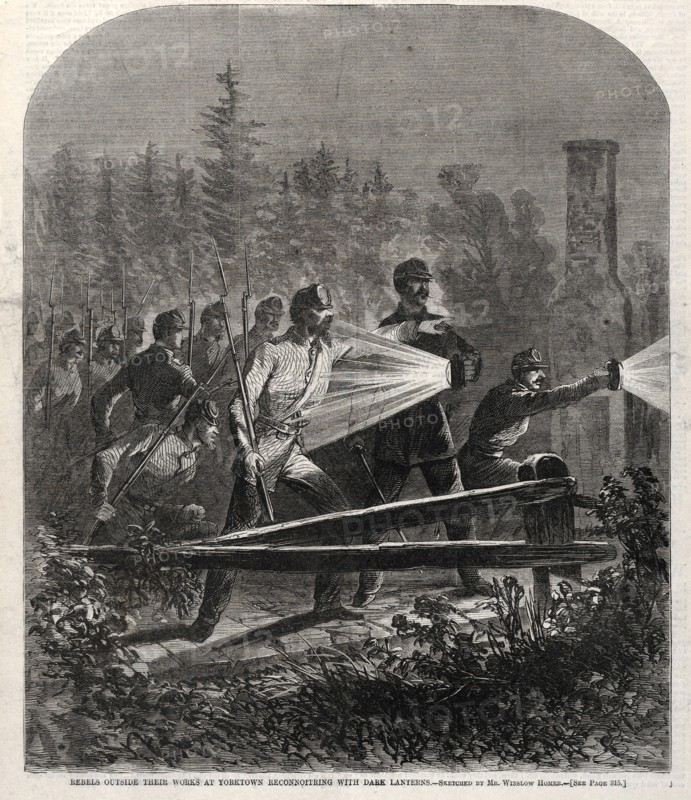 Rebels Outside Their Works at Yorktown Reconnoitering with Dark Lanterns, 1862. Winslow Homer (American, 1836-1910). Wood engraving