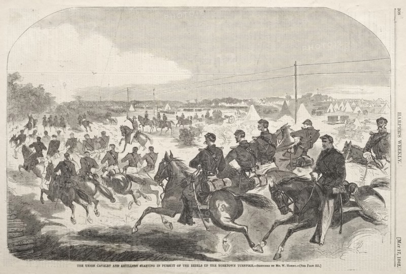 The Union Cavalry and Artillery Starting in Pursuit of the Rebels up the Yorktown Turnpike, 1862. Winslow Homer (American, 1836-1910). Wood engraving