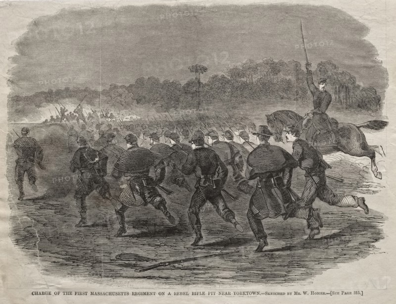 Charge of the First Massachusetts Regiment on a Rebel Rifle Pit near Yorktown, 1862. Winslow Homer (American, 1836-1910). Wood engraving