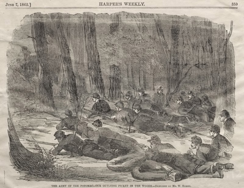 The Army of the Potomac - Our Outlying Picket in the Woods, 1862. Winslow Homer (American, 1836-1910). Wood engraving