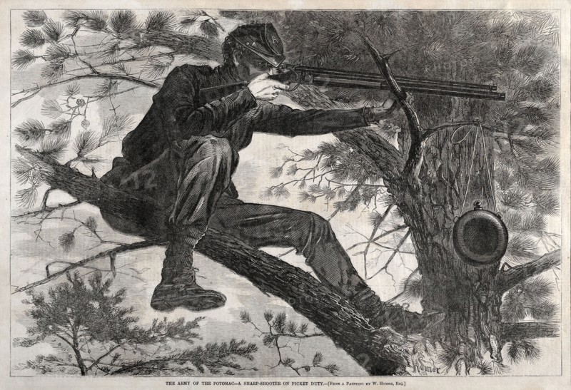 The Army of the Potomac - A Sharpshooter on Picket Duty, 1862. Winslow Homer (American, 1836-1910). Wood engraving