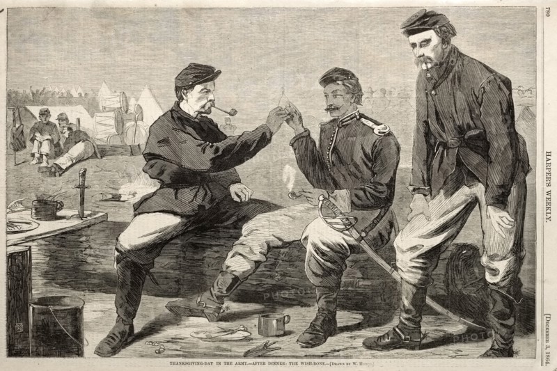 Thanksgiving Day in the Army - After Dinner:  The Wish-Bone, 1864. Winslow Homer (American, 1836-1910). Wood engraving