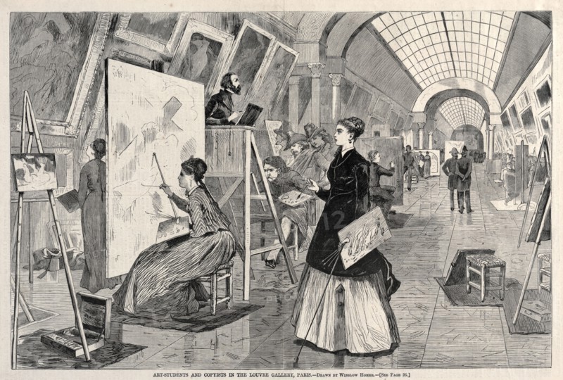 Art Students and Copyists in the Louvre Gallery, Paris, 1864. Winslow Homer (American, 1836-1910). Wood engraving