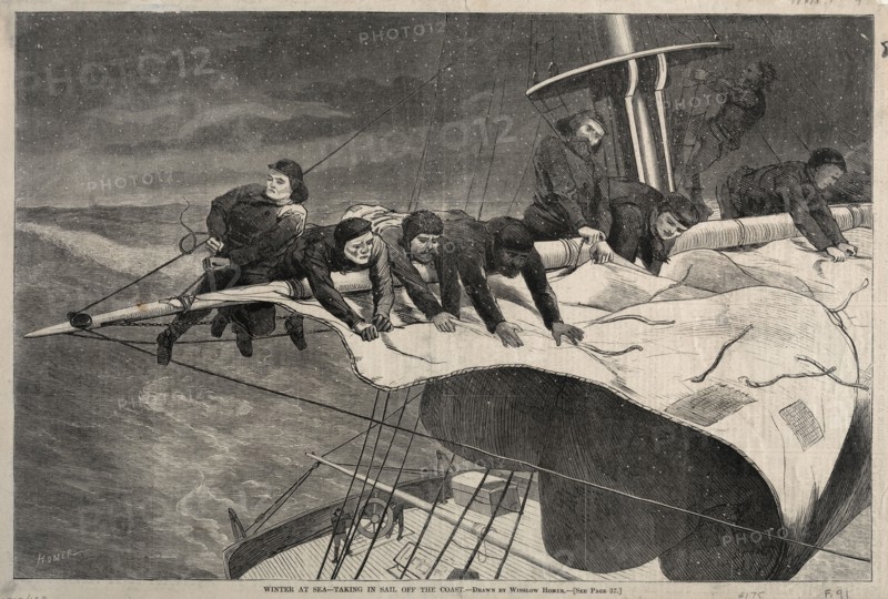 Winter at Sea - Taking in Sail Off the Coast, 1869. Winslow Homer (American, 1836-1910). Wood engraving