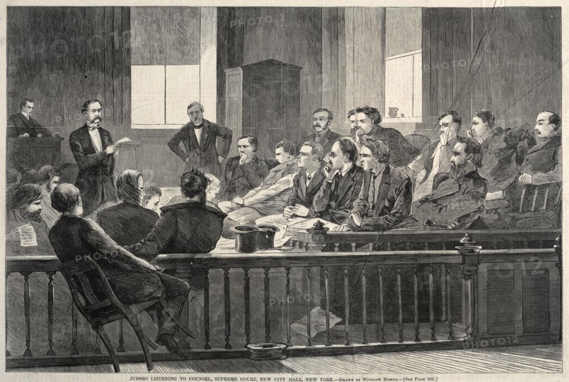 Jurors Listening to Counsel, Supreme Court, New City Hall, New York, 1869, Winslow Homer, American, 1836-1910