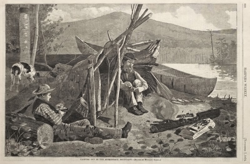 Camping Out in the Adirondack Mountains, 1874. Winslow Homer (American, 1836-1910). Wood engraving