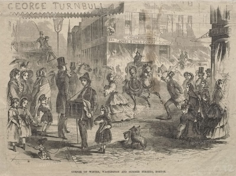 Corner Winter, Washington and Summer Streets, Boston, 1857. Winslow Homer (American, 1836-1910). Wood engraving