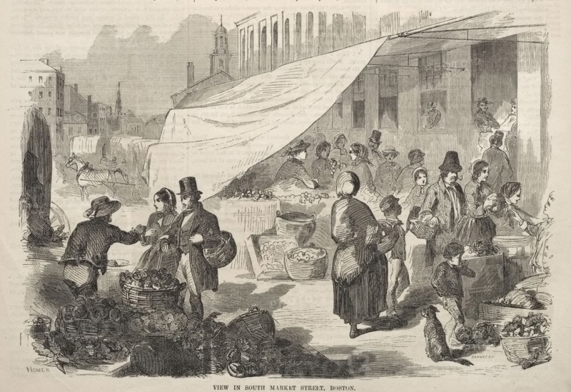 View in South Market Street, Boston, 1857. Winslow Homer (American, 1836-1910). Wood engraving