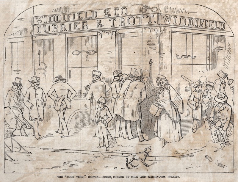 The "Cold Term," Boston - Scene, Corner Milk and Washington Streets, 1858. Winslow Homer (American, 1836-1910). Wood engraving