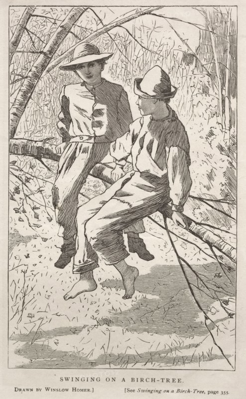 Swinging in a Birch Tree, 1867. Winslow Homer (American, 1836-1910). Wood engraving