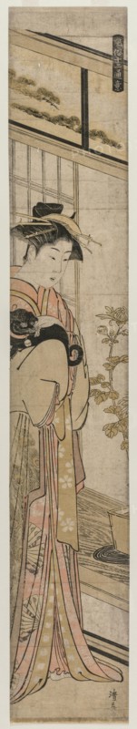 Courtesan Holding a Dog (from the series Popular Presentations), 1783. Torii Kiyonaga (Japanese, 1752-1815). Color woodblock print; sheet: 68.6 x 11.5 cm (27 x 4 1/2 in.).