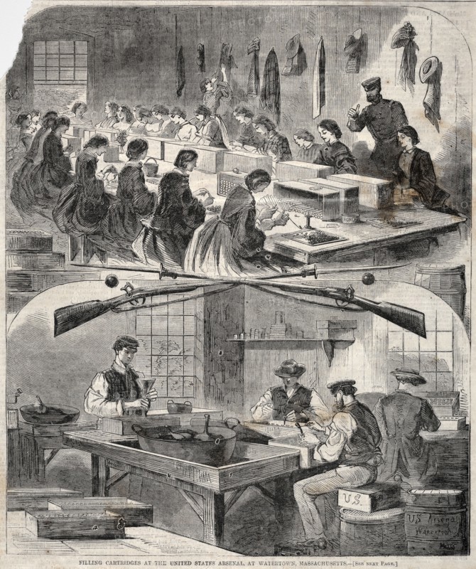 Filling Cartridges at the United States Arsenal, at Watertown, Massachusetts, 1861. Winslow Homer (American, 1836-1910). Wood engraving