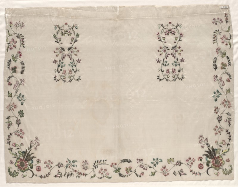 Apron, 1700s. England, 18th century. Embroidery, silk and gold thread; overall: 62.2 x 89.5 cm (24 1/2 x 35 1/4 in.).