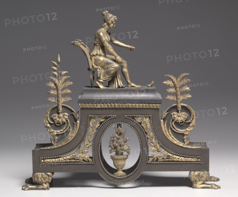 Andiron, c. 1790-1800. France, 18th century. Bronze and gilded bronze; overall: 38.1 x 42.6 x 9.6 cm (15 x 16 3/4 x 3 3/4 in.).