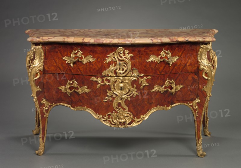 Chest of Drawers (Commode), c. 1750. Jean-Pierre Latz (French, 1691-1754). Oak, tulipwood marquetry, gilt metal mounts, marble; overall: 88 x 156.5 x 69.9 cm (34 5/8 x 61 5/8 x 27 1/2 in.).