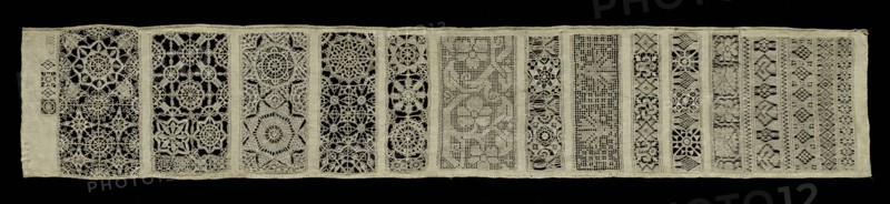 Needlepoint Lace Long Sampler, 17th century. England, 17th century. Lace, needlepoint: linen ground worked with linen; overall: 93.3 x 17.1 cm (36 3/4 x 6 3/4 in.); mounted: 106 x 29.5 cm (41 3/4 x 11 5/8 in.)