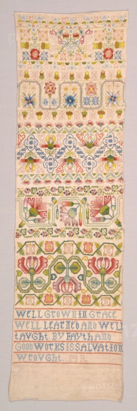 Sampler, 1600s. England, 17th century. Embroidery: silk on linen tabby ground; overall: 59.4 x 17.5 cm (23 3/8 x 6 7/8 in.)