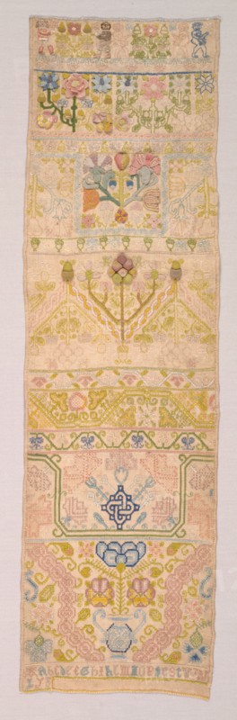 Long Sampler, 1600s. England, 17th century. Embroidery: silk on linen tabby ground; overall: 60.1 x 18.1 cm (23 11/16 x 7 1/8 in.)