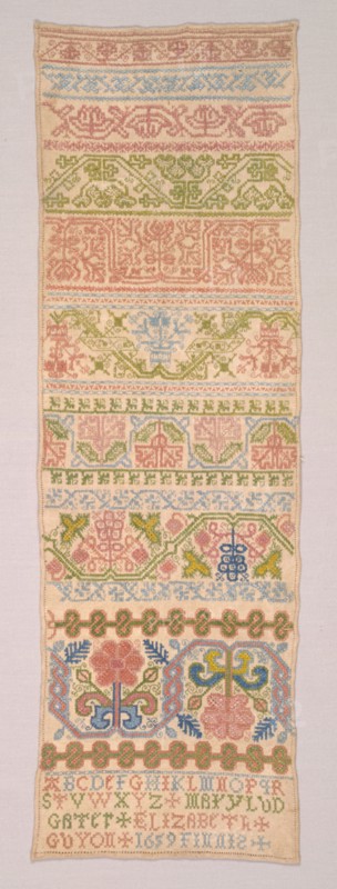 Long Sampler, 1659. England, 17th century. Embroidery: silk on linen tabby ground; overall: 49.5 x 16.5 cm (19 1/2 x 6 1/2 in.).