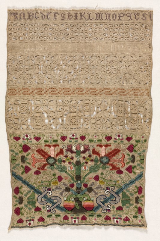 Sampler, 1600s. England, 17th century. Embroidery; linen and silk on linen; overall: 31.1 x 21.3 cm (12 1/4 x 8 3/8 in.).
