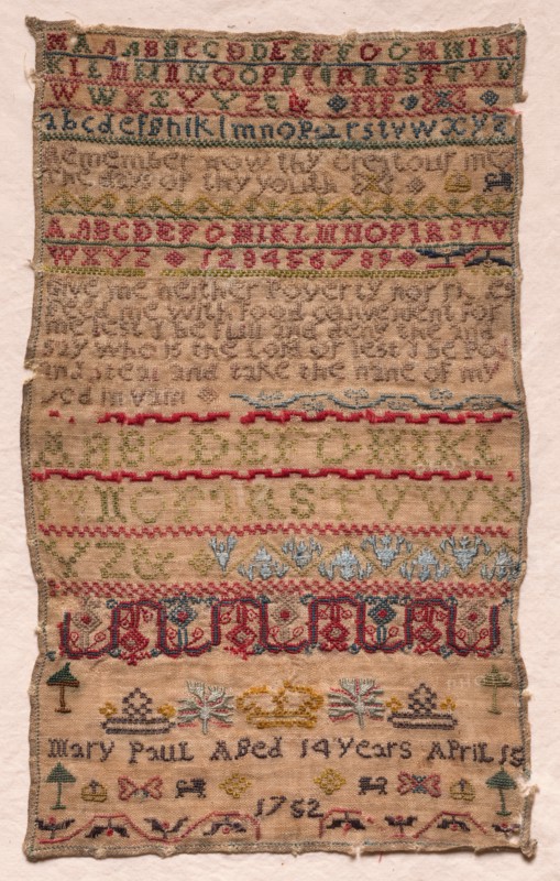 Sampler, 1752. England, 18th century. Embroidery; silk and wool on linen; overall: 33 x 20.4 cm (13 x 8 1/16 in.).