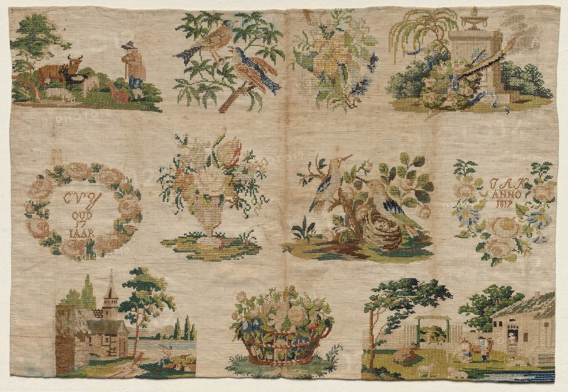 Sampler Fragment, 1819. Netherlands, early 19th century. Embroidery; silk on linen; overall: 44.5 x 66 cm (17 1/2 x 26 in.)