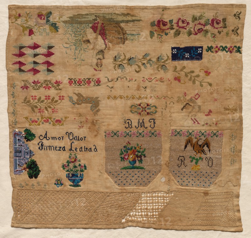 Sampler, 1800s. Mexico, 19th century. Embroidery; average: 35.5 x 37.5 cm (14 x 14 3/4 in.).