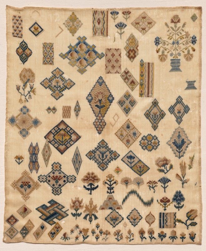 Sampler, late 1800s. Italy ?, late 19th century. Embroidery, silk; overall: 51.5 x 43.8 cm (20 1/4 x 17 1/4 in.)