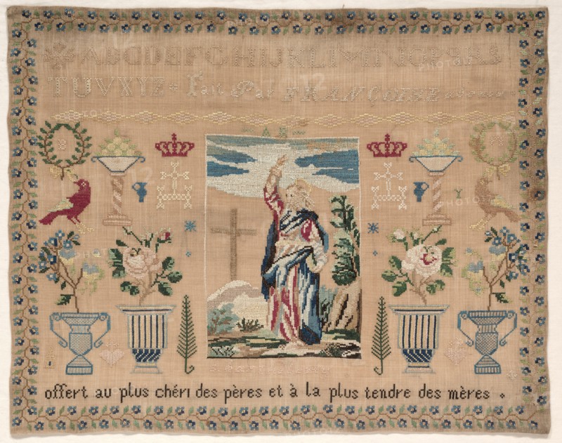 Sampler, 1800s. France, 19th century. Embroidery, silk; overall: 41.3 x 52 cm (16 1/4 x 20 1/2 in.).